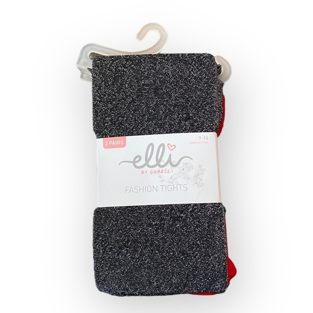 Elli by Capelli Fashion Tights Black Shimmer & Red Stockings Girls Size 7-10 NEW